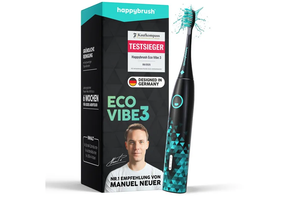 happybrush Schallzahnbürste Eco Vibe 3 Black/Mint – TESTSIEGER - 8 Wochen Power Akku, Aufsteckbürsten: 1 St., Eco Vibe 3, 2 Jahre Garantie