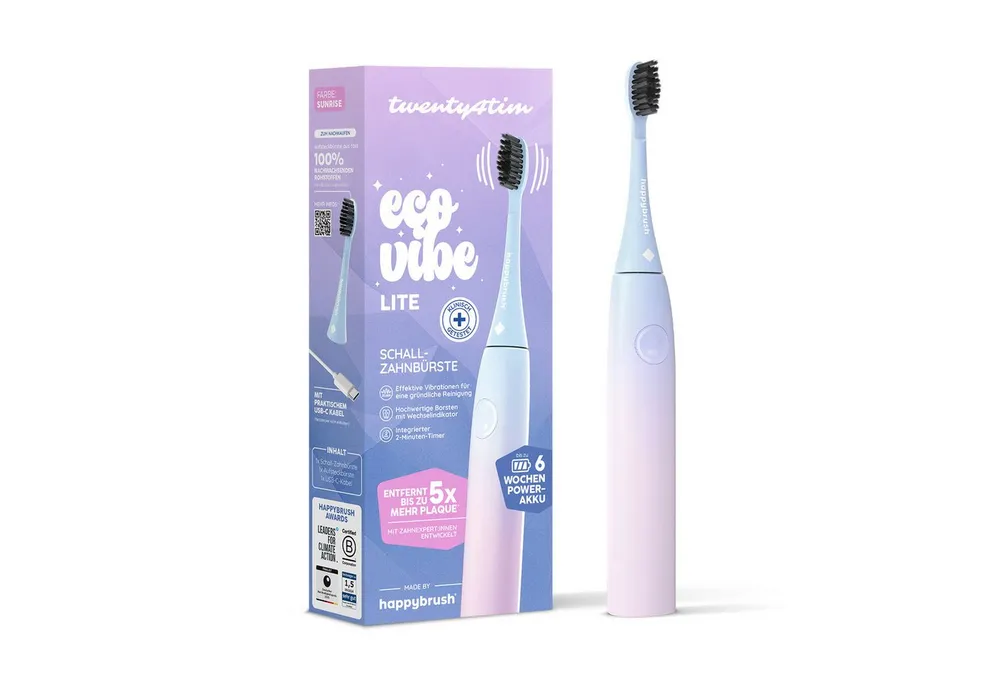happybrush Schallzahnbürste Eco Vibe 3 Lite - 100 Tage Probeputzen - 8 Wochen Power Akku, Aufsteckbürsten: 1 St., Eco Vibe 3, 3 individuelle Putz-Modi, Schalltechnologie