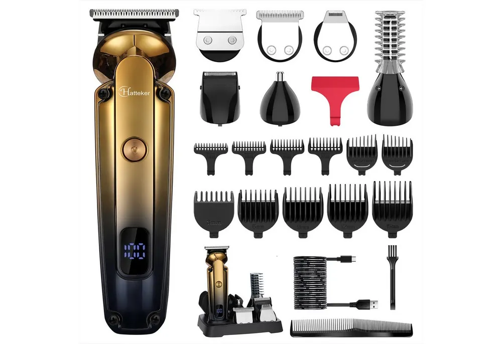 HATTEKER Haar- und Bartschneider HT-6168, Körperhaartrimmer, Wasserdicht, 6 in 1, Gold
