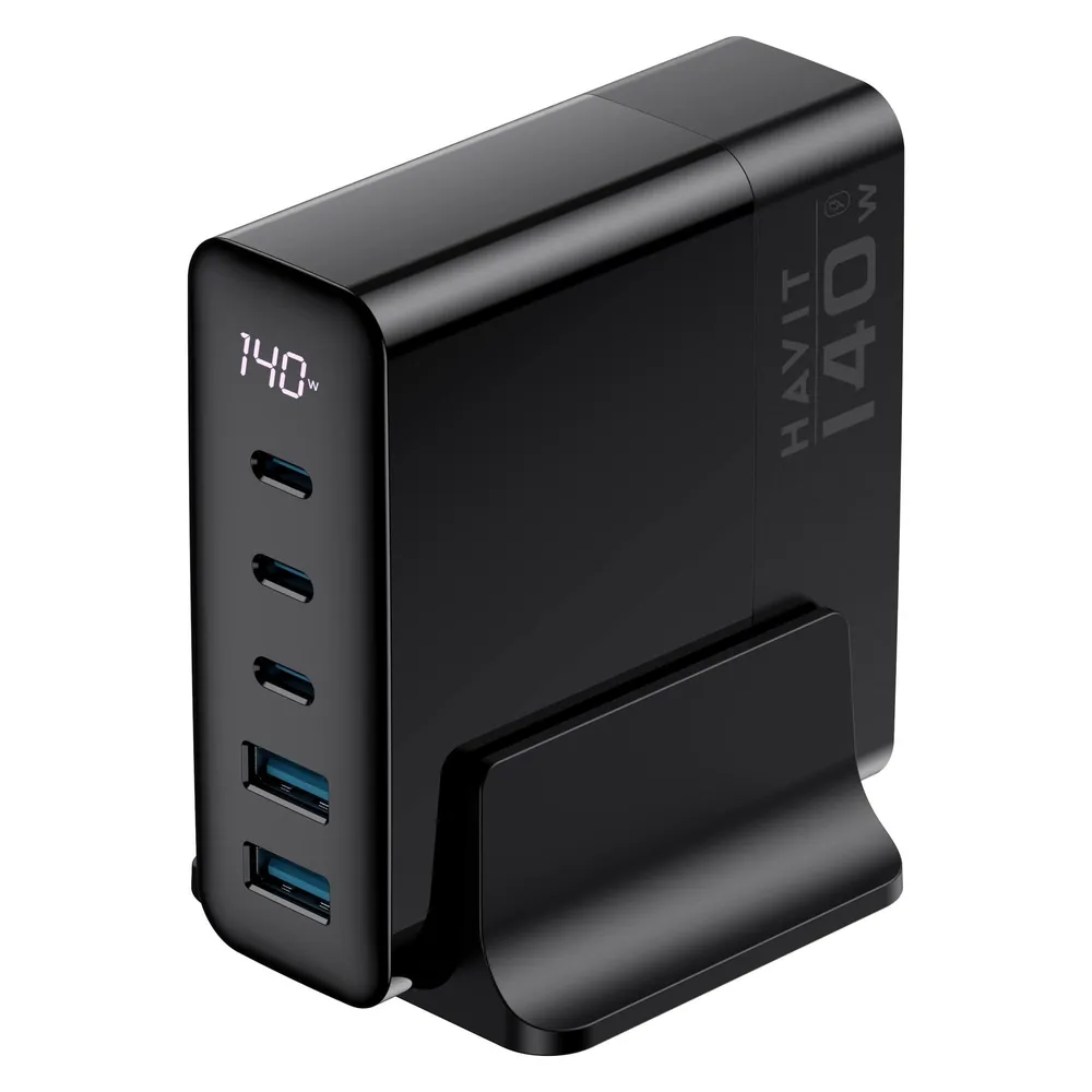 Ladegerät Havit 6939119068417 GaN 140W 3x USB-C 2x USB-A Schnellladung Schwarz