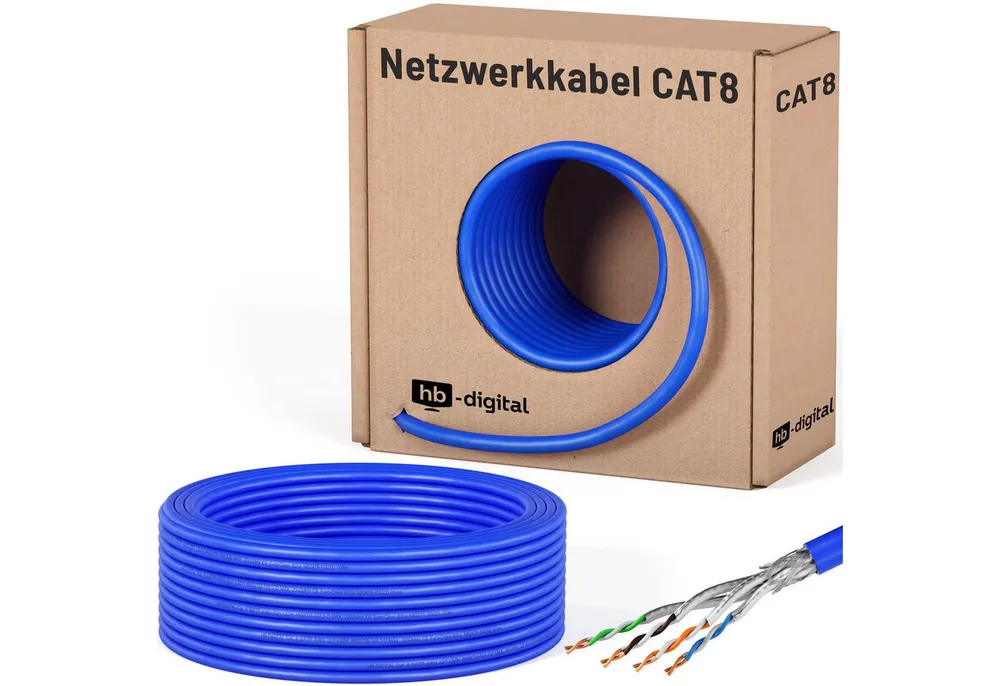 HB-DIGITAL CAT 8 Netzwerk Verlegekabel Ethernet S/FTP AWG22 LSZH Netzwerkkabel, Netzwerkstecker, (2500 cm), Brandschutzklasse BauPVO: B2ca s1a d1 a1