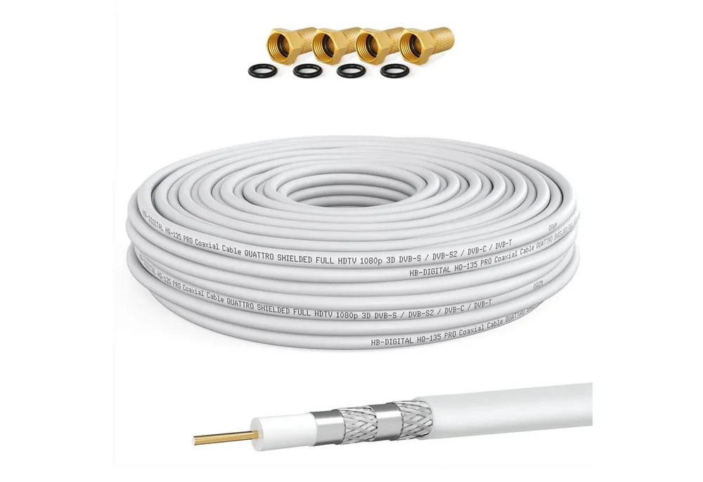 HB-DIGITAL Koaxialkabel 15m HQ 135dB 4-Fach geschirmt Stahl Kupfer 4x F Stecker SAT-Kabel, F Stecker, (1500 cm), UV- Wasser und Temperaturbeständig