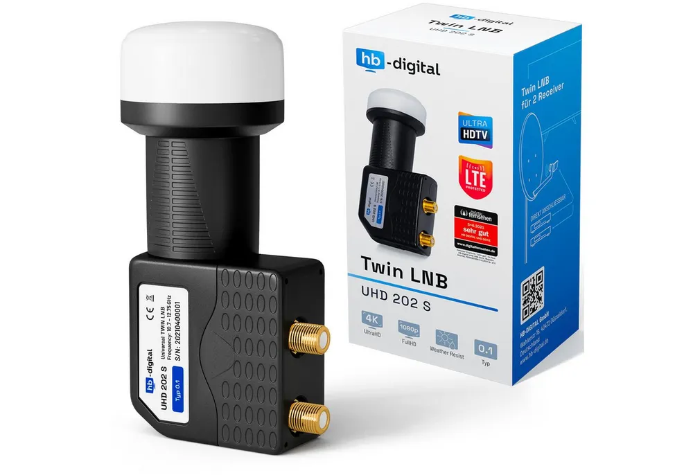 HB-DIGITAL LNB Twin für 2 Teilnehmer UHD 202 S LTE Filter wetterfest schwarz Universal-Single-LNB (für 2 Teilnehmer, Die vergoldeten F-Anschlüsse für noch bessere Signalübertragung)