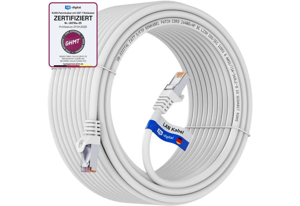 HB-DIGITAL Patchkabel CAT.7 Rohkabel LAN Kabel Cat7 S/FTP PiMF LSZH Netzwerkkabel, Netzwerkstecker, RJ-45 (2000 cm), Kontaktoberfläche: Pins Vergoldet 50µ