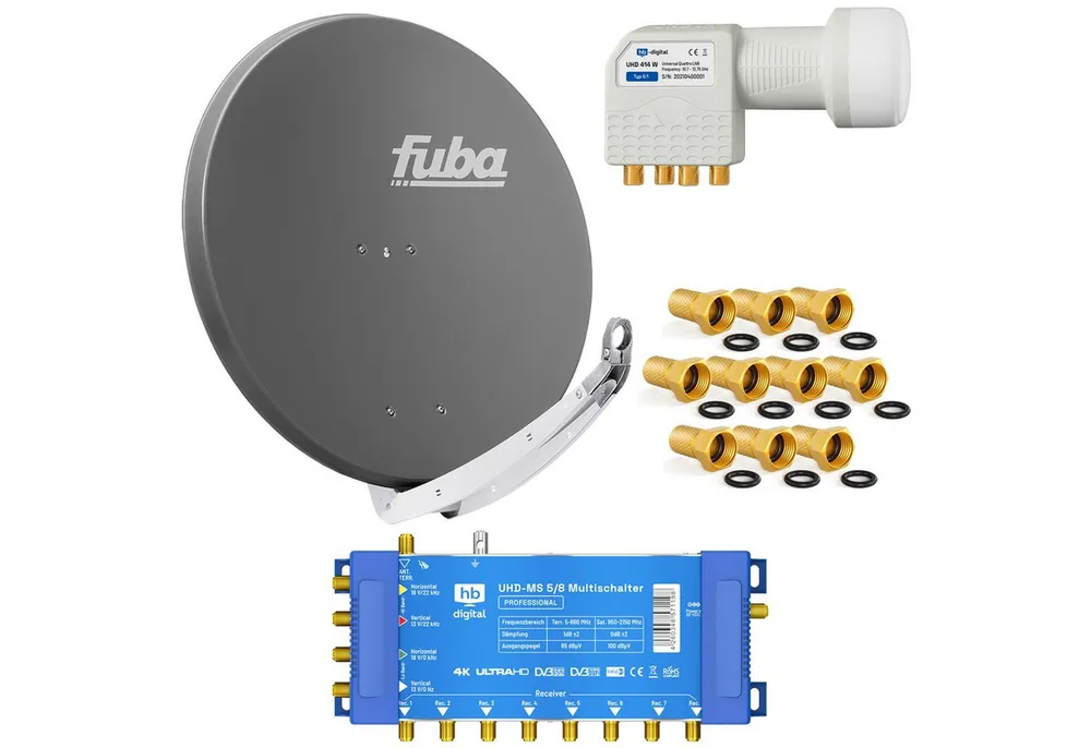 HB-DIGITAL Satellitenschüssel Fuba DAA 85cm Alu Anthrazit MS 5/8 LNB Quattro SAT-Antenne (85 cm)