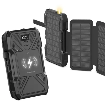 Head Solar Powerbank 10.000 mAh 22,5 W mit Power Delivery, gleichzeitigem Laden, kabellosem Laden Schwarz