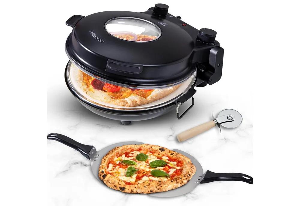 Heidenfeld Pizzaofen elektrischer Holzofen Napoli 1200W, bis 400°C, Sichtfenster aus Glas, Überhitzungsschutz, Pizzastein, Pizzaschneider