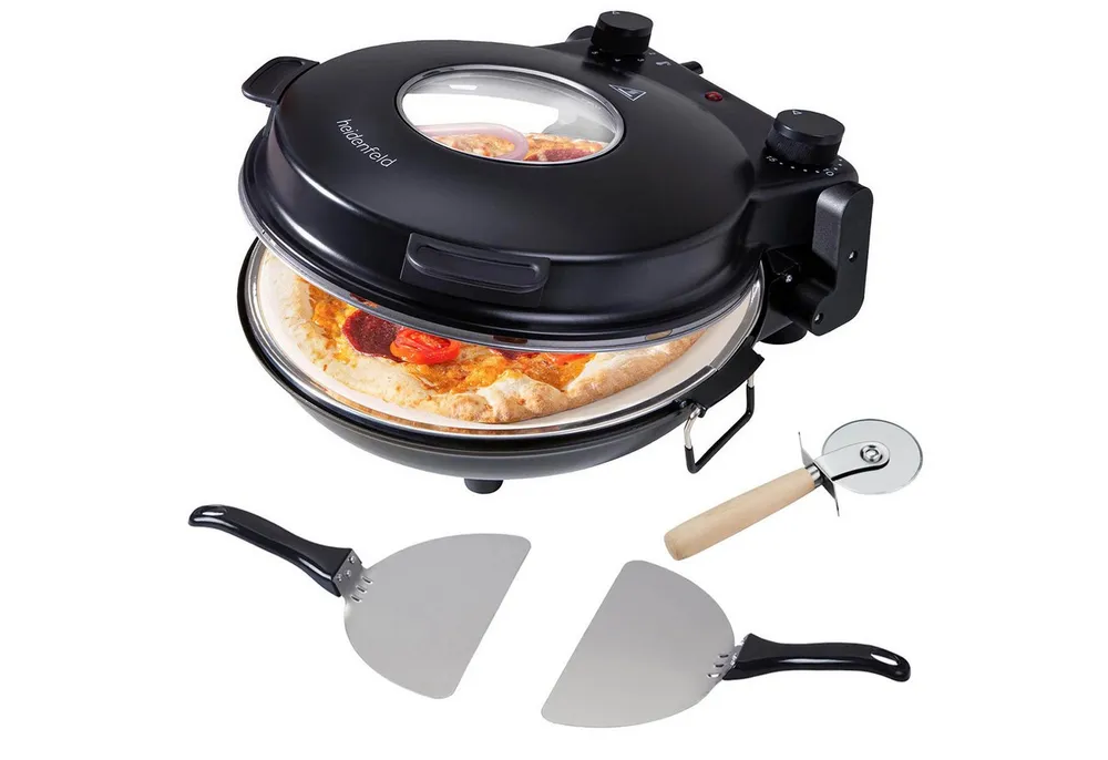 Heidenfeld Pizzaofen mobiler elektrischer Holzofen Napoli 1200 W - bis 400°C, Mini Back Ofen - Pizzamaker - Pizza Ofen - extra großes Sichtfenster