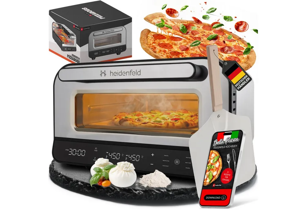 Heidenfeld Pizzaofen Pizzaofen Pizzaboss bis 450 °C inkl. Pizzaschieber & Rezeptbuch, Pizzaofen mit Pizzastein, elektrischer Pizzaofen