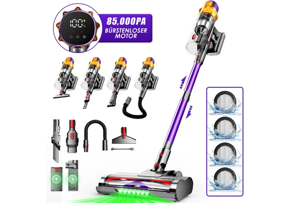 Hiazurm Akku-Hand-und Stielstaubsauger Akku Staubsauger,85000Pa/2.8L/70min OLED-Display Staubsauger Kabellos, 3 Stufen Bürstenloser Motor Stabstaubsauger Grüne Schmutz-Erkennung, Akkusauger für Tierhaare, Teppich & Auto