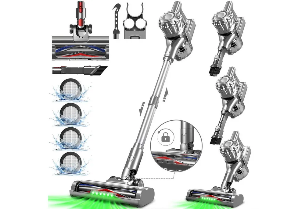 Hiazurm Akku-Hand-und Stielstaubsauger Akku Staubsauger, Staubsauger Kabellos 50000Pa/60Min/1.8L, Vielseitiger Akkusauger für Teppich, Hartboden, Tierhaare, HEPA*4, Akku-Sauger mit grünem Licht, Staubsensor und 90°-Standfunktion