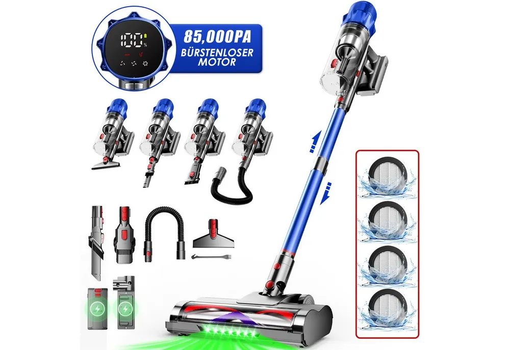 Hiazurm Akku-Hand-und Stielstaubsauger Akku Staubsauger,85000Pa/2.8L/70min OLED-Display Staubsauger Kabellos, 3 Stufen Bürstenloser Motor Stabstaubsauger Grüne Schmutz-Erkennung, Akkusauger für Tierhaare, Teppich & Auto