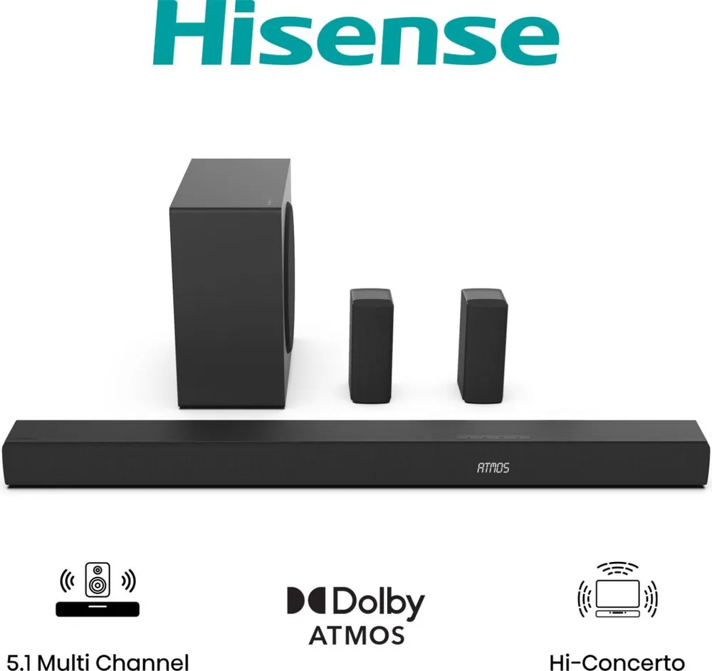 Soundbar Hisense AX5100Q 5.1 580W Bluetooth HDMI eARC Subwoofer Dolby Atmos Schwarz