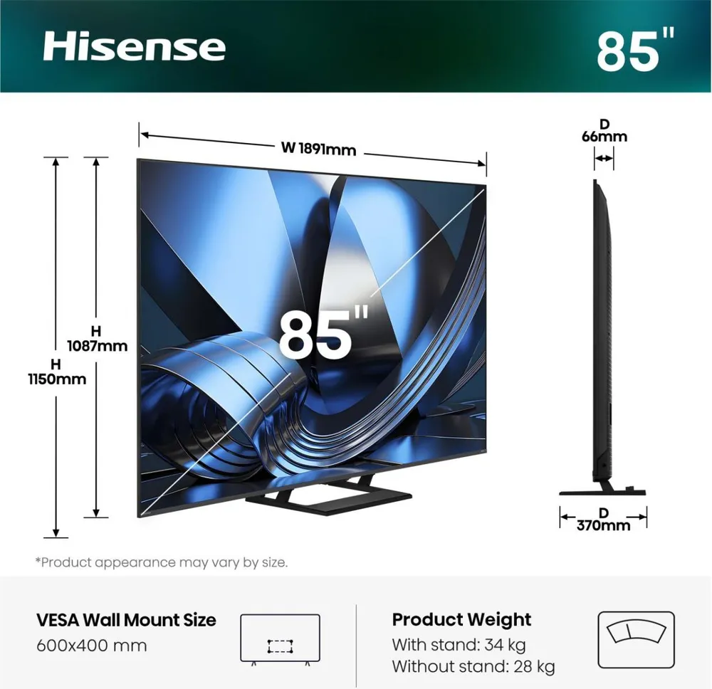 Hisense 85U7DSE QLED-Fernseher (215 cm/85 Zoll, 4K Ultra HD, Smart-TV)