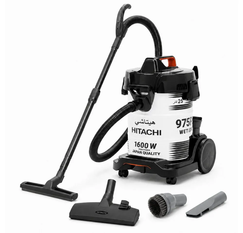 Hitachi Bodenstaubsauger CV 975 PW, 3-in-1 Profi-Nass- & Trockensauger, 25L Edelstahl-Tank, 1600 W, beutellos, 3-in-1 Funktion (Nass/Trocken/Gebläse), rostfreier Behälter, 25L