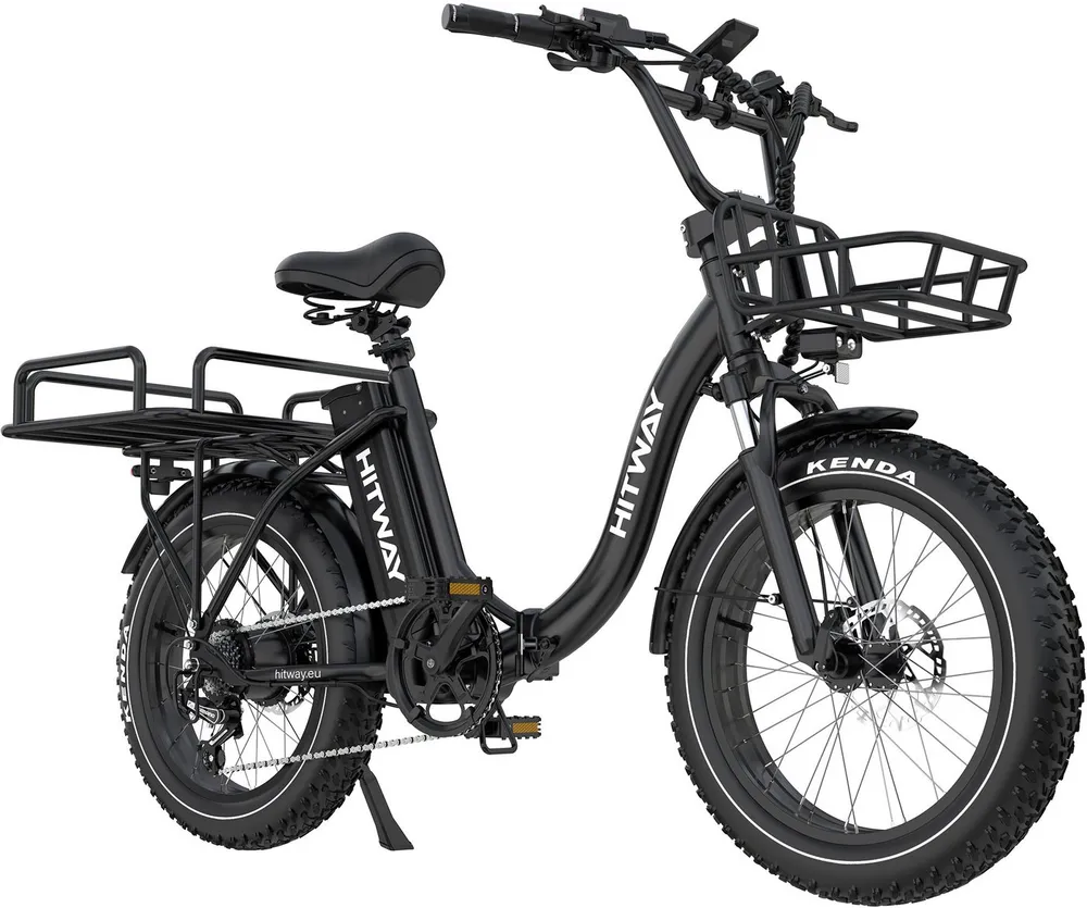 HITWAY E-Bike Cityrad 20*4,0 zoll Lasten-Elektrofahrrad mit 48V27Ah Akku bis 110-150km, 7 Gang shimano, Kettenschaltung, E-Klapprad mit 2 Körben, NFC,APP, StVZO