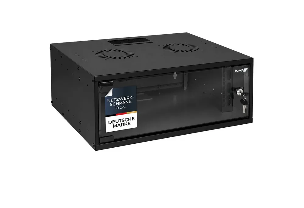 HMF Serverschrank Netzwerkschrank, Serverschrank 19 Zoll, 4 HE, 400 mm Tiefe, Glastür, Schwarz