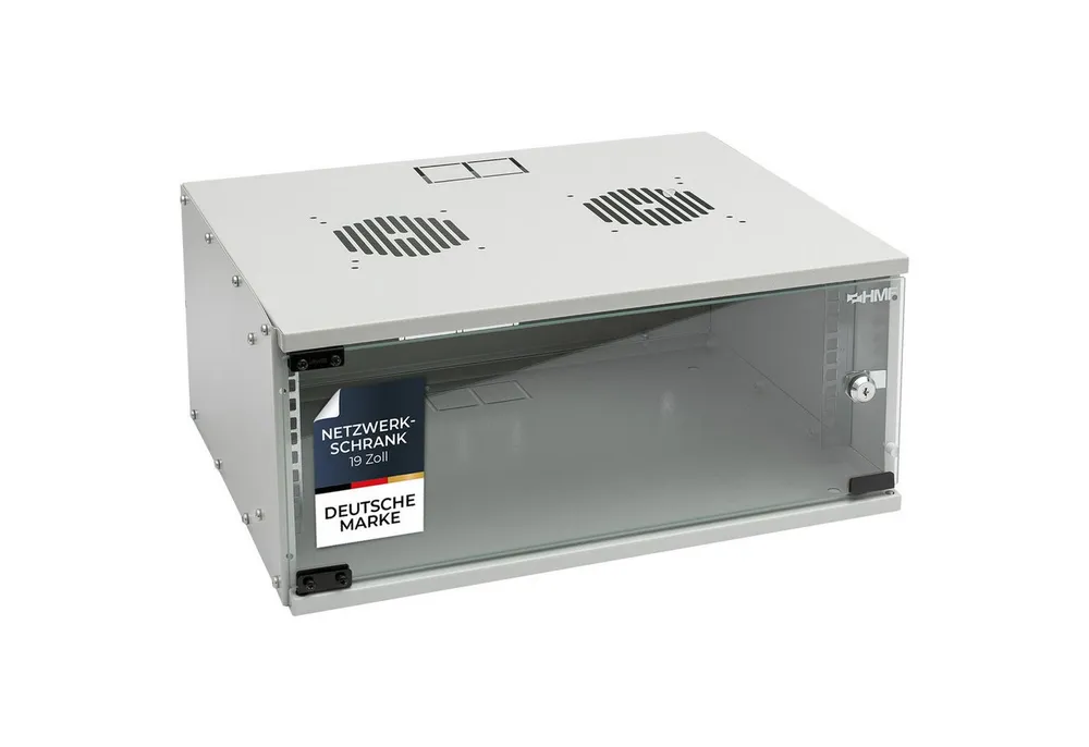 HMF Serverschrank Netzwerkschrank, Serverschrank 19 Zoll, 4 HE, 400 mm Tiefe, Glastür, Lichtgrau