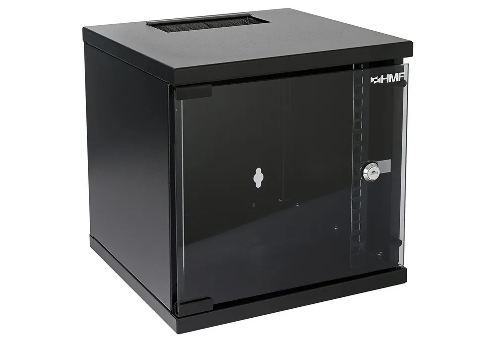 HMF Serverschrank Netzwerkschrank, Serverschrank 10 Zoll, 6 HE, 300 mm Tiefe, Voll montiert, Glastür, Schwarz