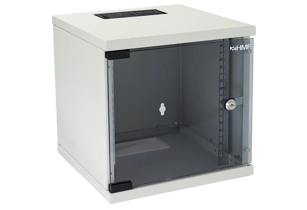 HMF Serverschrank Netzwerkschrank, Serverschrank 10 Zoll, 6 HE, 300 mm Tiefe, Voll montiert, Glastür, Lichtgrau