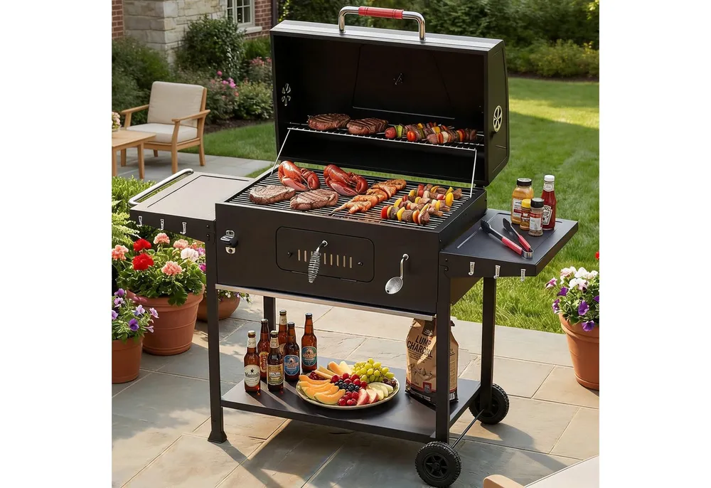 HOMALL Holzkohlegrill XXL Grill Holzkohle, mit Grillzubehör Set, Grillfläche: 71×43cm, Großer Holzkohlegrill mit Rädern, Grillstation mit Warmhaltezone & Belüftung, Klappbarem Lagerregal und Flaschenöffner, Rostbeständig BBQ Grill