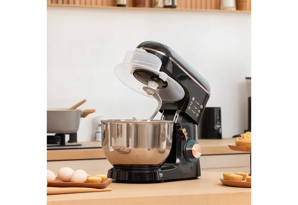 HOMCOM Küchenmaschine 800-251V91BK, 1400 W, 5.5 l Schüssel, mit Rührhaken, Schlagbesen, Spritzschutz, Teigschaber und Eiertrenner