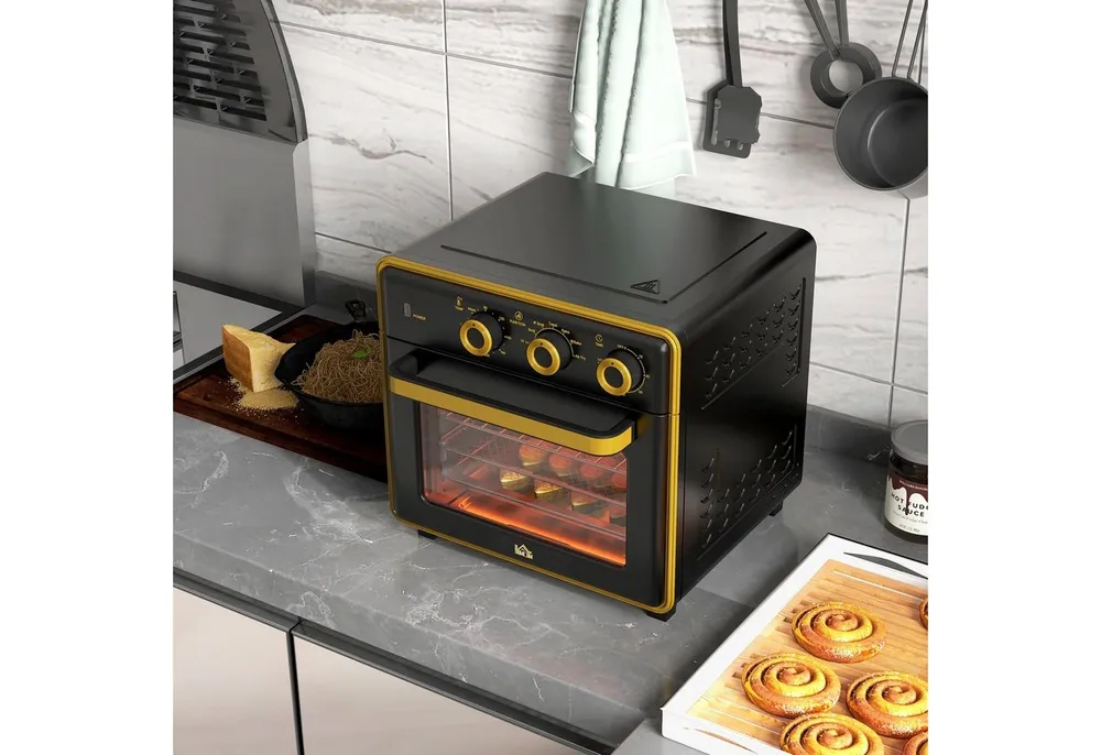 HOMCOM Minibackofen 5 in 1 Pizza-Ofen inkl. Backblech Set, 90-230℃, Schwarz+Gold 36 x 37,7 x 34,5 cm