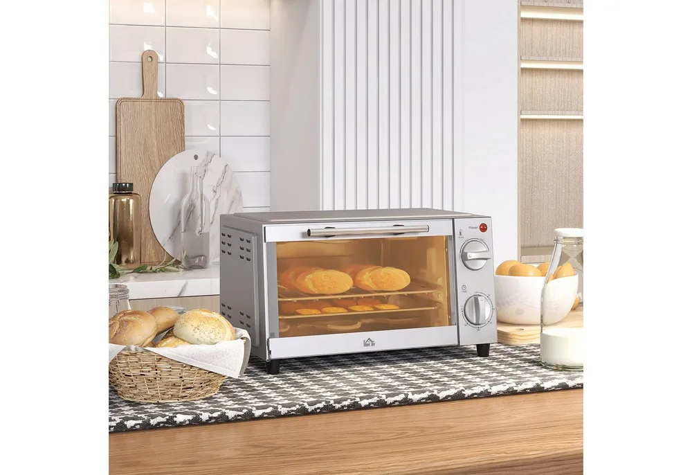 HOMCOM Minibackofen 9 L, 750W, mit Backblech, Grillrost, Temperaturbereich bis 230°C, zum Grillen, Backen, Toasten, Silber