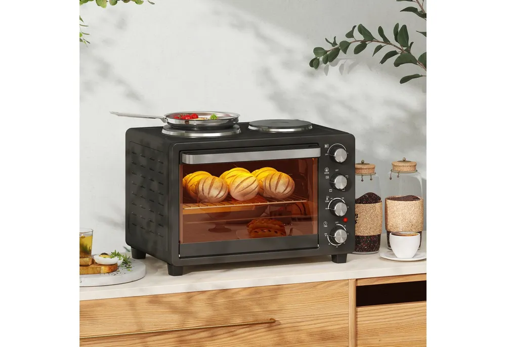 HOMCOM Minibackofen Mini Backofen 28L inkl. Krümelblech, mit Innenbeleuchtung Schwarz, mit Warmhalteplatten, Backblech und Grillrost
