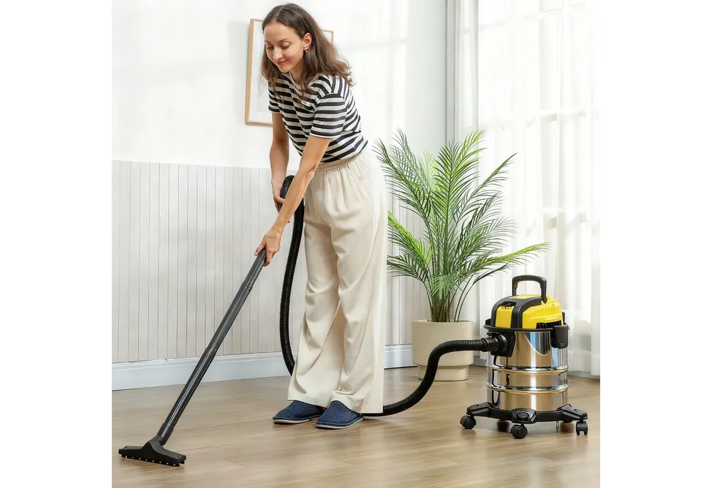 HOMCOM Nass-Trocken-Sauger 3-in-1 Staubsauger mit Edelstahlbehälter, Silber+Gelb, 1200 W, mit Beutel, 3-faches Filtersystem, 20 L Staubbehälter, Mehrfarbig