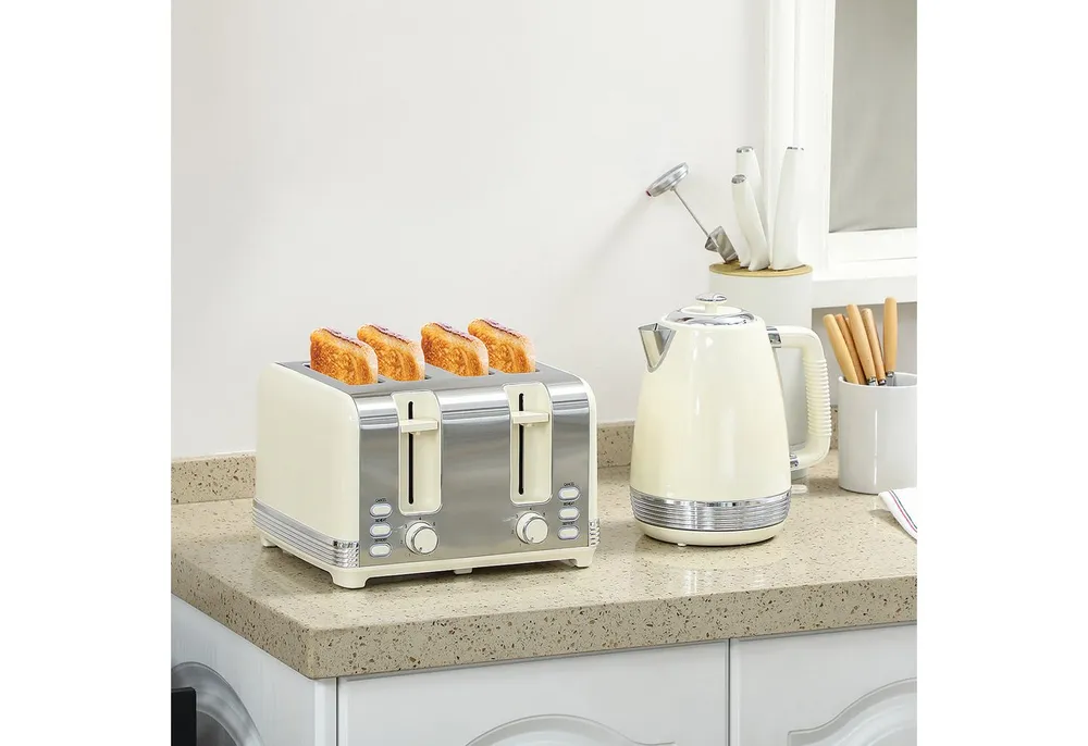 HOMCOM Toaster 1.7 Liter, Strix Thermostat, Filter, Kocher-Toaster-Set, für Frühstückszubereitung, 2200 W, 7 Bräunungsstufen, Krümelfach, Cremeweiß