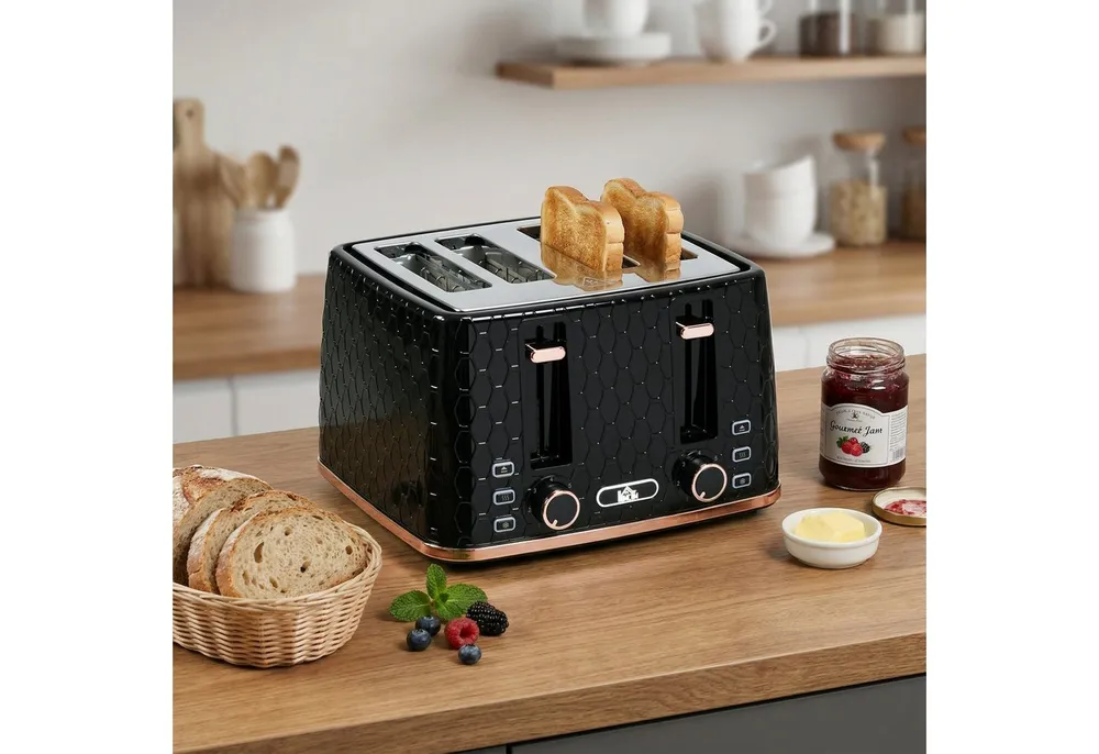 HOMCOM Toaster 4 Scheiben mit 7 Bräunungsstufen, 4 kurze Schlitze, für 4 Scheiben, 1860 W, Automatische Abschaltung, 7 Bräunungsstufen