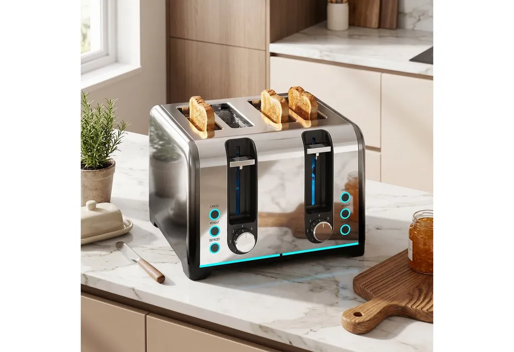 HOMCOM Toaster selbstzentrierende Schlitze, 4 kurze Schlitze, für 4 Scheiben, 1860 W, 4 Schlitze, 7 Bräunungsstufen, Auftauen, Aufwärmen, Auto-Abschaltung