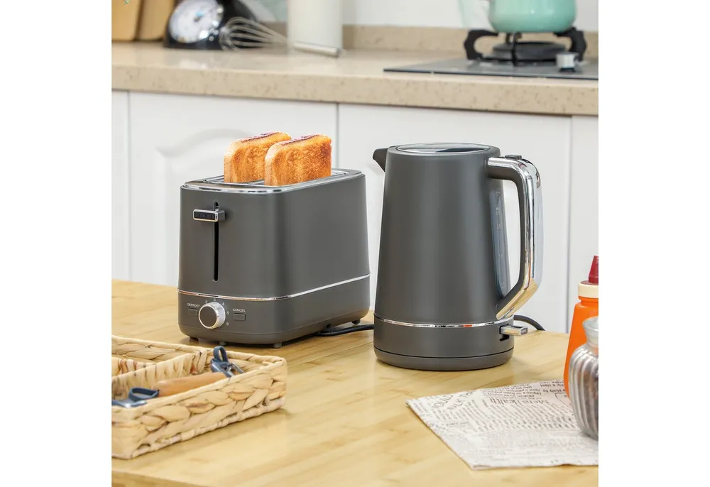HOMCOM Toaster Set aus 1,7 L, 2 Schlitze, für 2 Scheiben, 2200 W, Wasserkocher und Toaster mit 6 Bräunungsstufen, Stahl, Grau