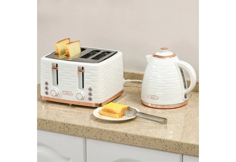 HOMCOM Toaster Wasserkocher Frühstück-Set: 1,7L, 4 Scheiben, 7 Bräunungsstufen, Kocher-Toaster-Set, für Frühstückszubereitung, 2200 W, Auftauen, Aufwärmen und Krümelfach, Otter Thermostat, Cremeweiß