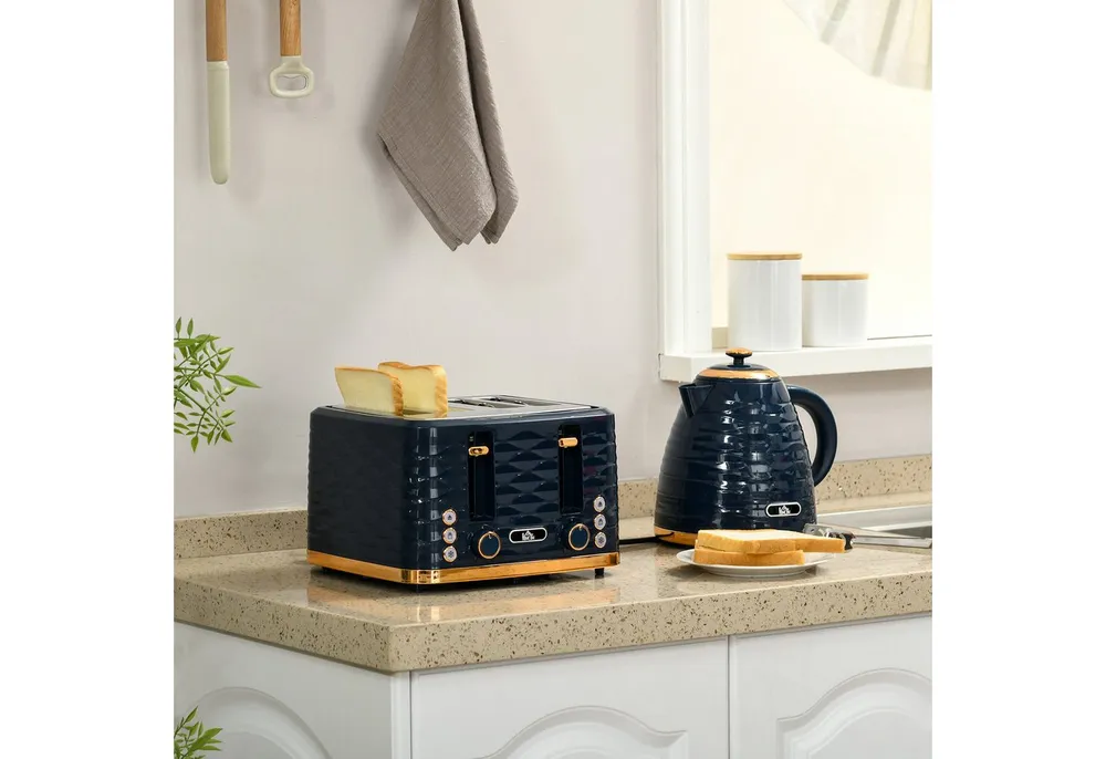 HOMCOM Toaster Wasserkocher Frühstück-Set: 1,7L, 4 Scheiben, 7 Bräunungsstufen, 4 Schlitze, für 4 Scheiben, 2200 W, Auftau-, Aufwärm- und Krümelschublade, Otter-Thermostat, Blau