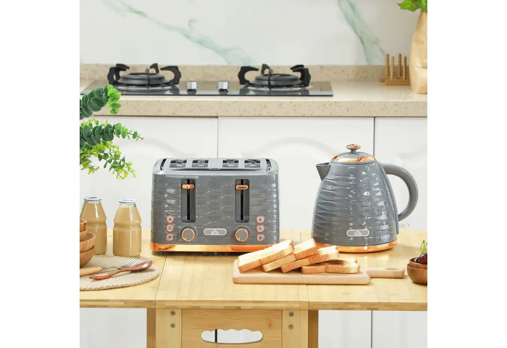 HOMCOM Toaster Wasserkocher Frühstück-Set: 1,7L, 4 Scheiben, 7 Bräunungsstufen, 4 Schlitze, für 4 Scheiben, 2200 W, Auftau-, Aufwärm- und Krümelschublade, Otter-Thermostat, Grau