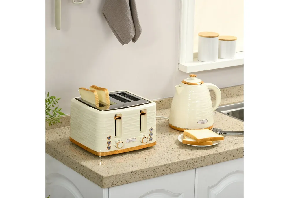 HOMCOM Toaster Wasserkocher Frühstück-Set: 1,7L, 4 Scheiben, 7 Bräunungsstufen, Kocher-Toaster-Set, für Frühstückszubereitung, 2200 W, Auftauen, Aufwärmen und Krümelfach, Otter Thermostat, Beige