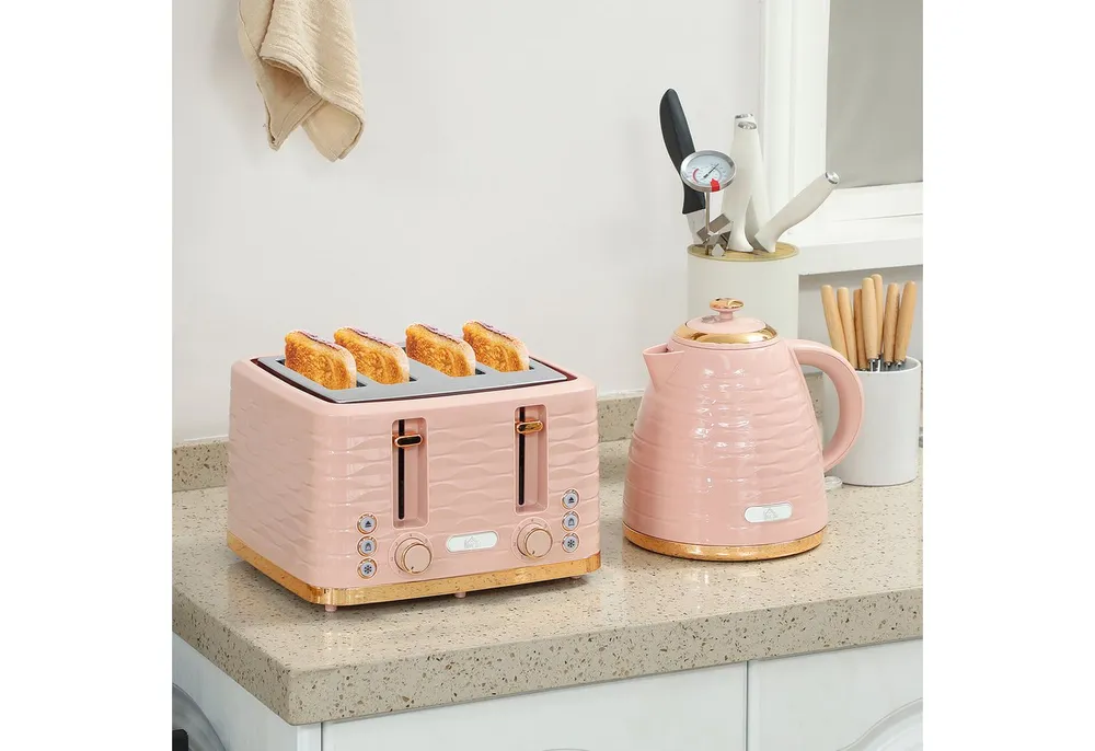 HOMCOM Toaster Wasserkocher Frühstück-Set: 1,7L, 4 Scheiben, 7 Bräunungsstufen, Kocher-Toaster-Set, für Frühstückszubereitung, 2200 W, Auftauen, Aufwärmen und Krümelfach, Otter Thermostat, Rosa