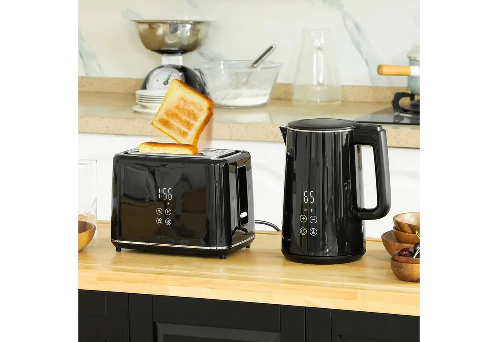HOMCOM Toaster Wasserkocher Set 1,5L Wasserkocher, 2 Schlitze, für 2 Scheiben, 2200 W, 7 Bräunungsstufen, schnelles Kochen, Schwarz