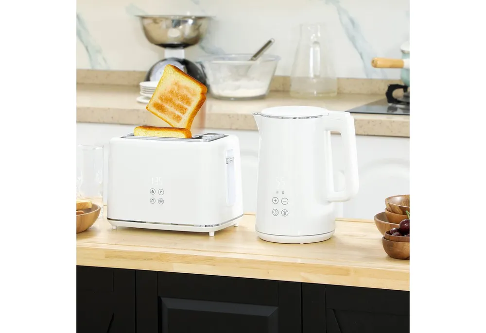 HOMCOM Toaster Wasserkocher Set 1,5L Wasserkocher, 2 Schlitze, für 2 Scheiben, 2200 W, 7 Bräunungsstufen, schnelles Kochen, Weiß