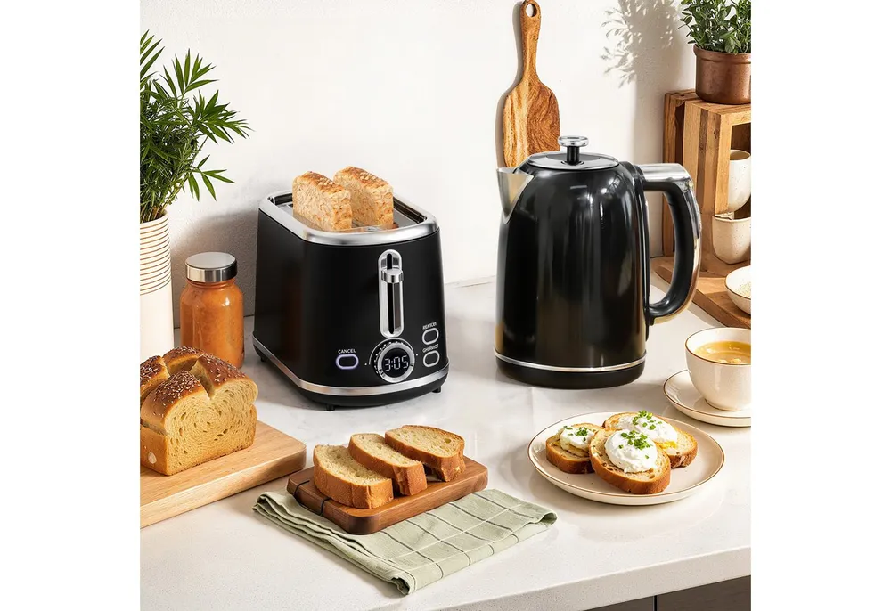 HOMCOM Toaster Wasserkocher Set 1,7L Edelstahl Memory-Funktion, Wasserkocher-Toaster-Set, für Frühstückszubereitung, 2200 W, mit LED-Display, Schwarz