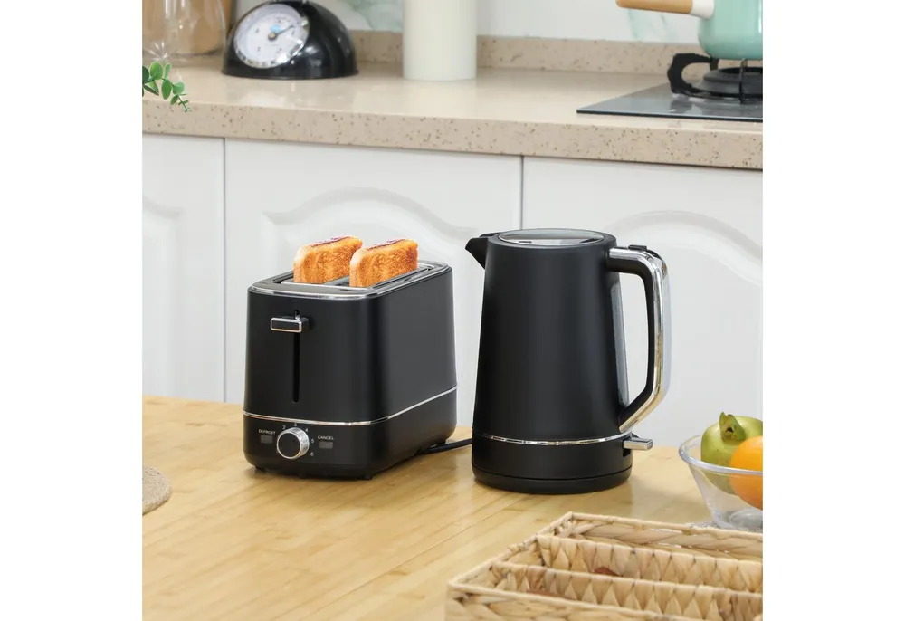 HOMCOM Toaster Wasserkocher Set 2200 W 1,7L Wasserkocher, 2 Scheiben Toaster, 2 Schlitze, für 2 Scheiben, 2200 W, Wasserkocher und Toaster mit 6 Bräunungsstufen, Stahl, Schwarz
