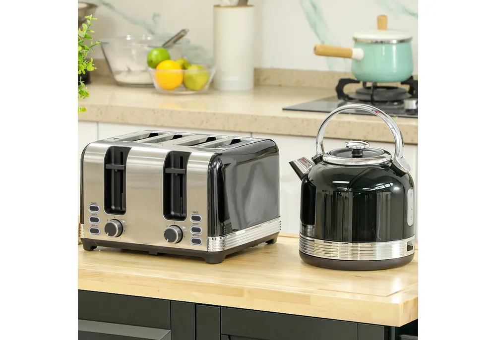 HOMCOM Toaster Wasserkocher Set Edelstahl 1,7L, 4 Scheiben, Aufwärmen, Auftauen, Kocher-Toaster-Set, für Frühstückszubereitung, 2200 W, 7 Bräunungsstufen, Krümelfach, Schwarz