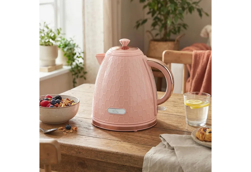 HOMCOM Wasserkocher Schnellkochfunktion, kabellos, Anti-Kalk-Filter, Auto-Abschaltung, 1.7 l, 2200 W, Trockengehschutz, Hellrosa
