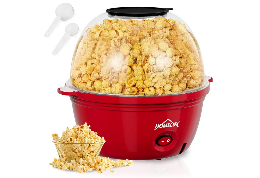 HOMELUX 2-in-1-Popcornmaschine 2.5L Popcorn Maker 450W inkl. 2 Löffel 3 Minuten Schnell Snack Popper, Deckel als Servierschale, Automatisches Rühren, Mini & Retro-Design