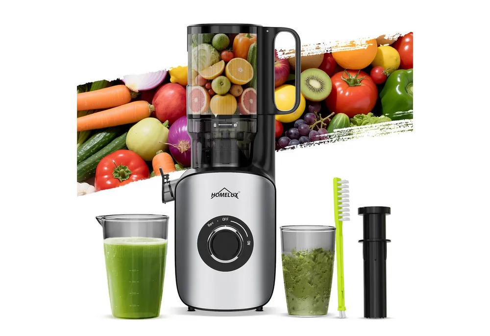 HOMELUX Entsafter Slow Juicer 126MM Öffnung für Ganze Gemüse Früchte mit 2 Tassen Bürste, 220 W, BPA-Frei, Hohe Saftausbeute, Erhalt der Nährstoffe