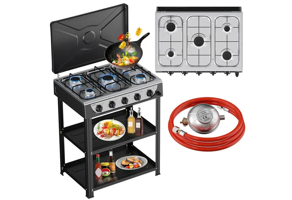 HOMELUX Gaskocher Campingkocher, 3/4/5 Flammig Gasherd Kochfeld, Campingkocher mit 1,5M Anschlussschlauch und Druckminderer 50 mbar