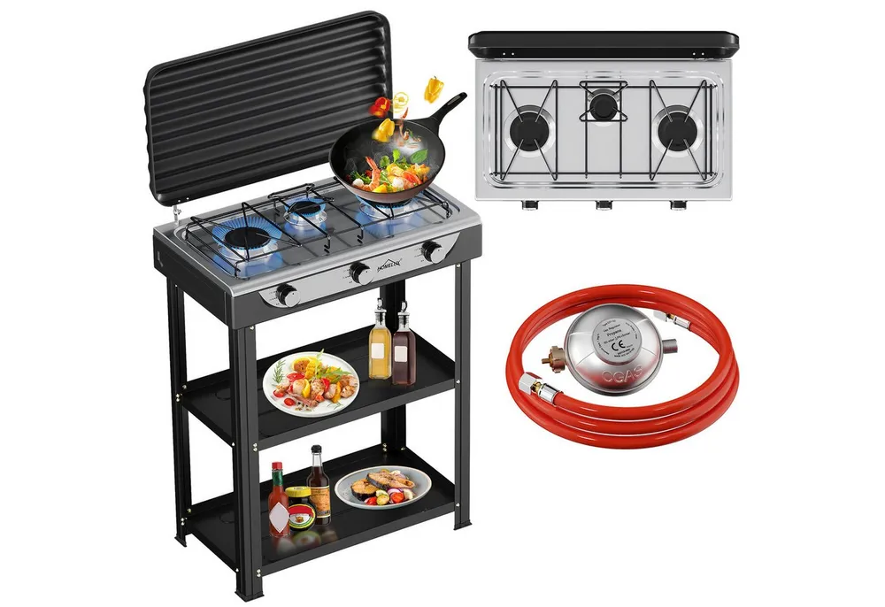 HOMELUX Gaskocher Campingkocher, 3/4/5 Flammig Gasherd Kochfeld, Campingkocher mit 1,5M Anschlussschlauch und Druckminderer 50 mbar