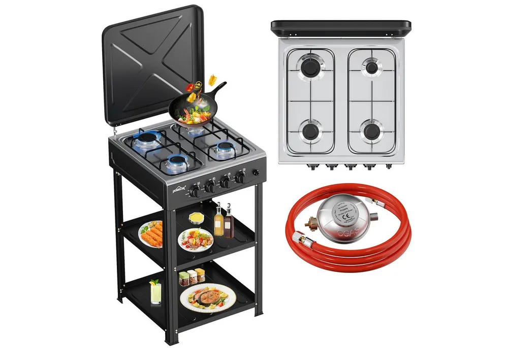 HOMELUX Gaskocher Campingkocher, 3/4/5 Flammig Gasherd Kochfeld, Campingkocher mit 1,5M Anschlussschlauch und Druckminderer 50 mbar